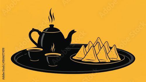 Traditional tea setting with teapot and cups accompanied by triangular shaped food items on a vibrant yellow background