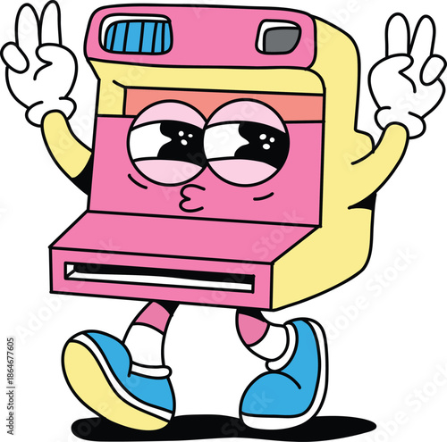 Retro Instant Camera Character with a Playful Pose and Expressive Eyes, Vector Art