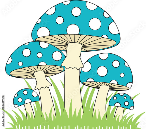 Cartoon mushroom vector illustration with blue spotted toadstools and grass fantasy forest design isolated