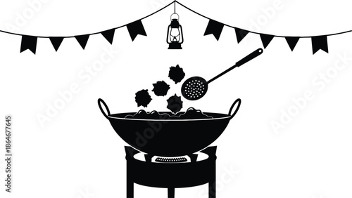 Outdoor cooking setup with a wok on a portable stove under a bunting decoration string lights