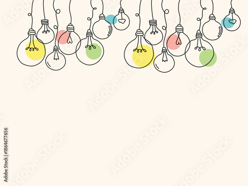 A whimsical collection of hanging lightbulbs with colorful, illuminated filaments against a plain backdrop, suggesting creativity and bright ideas