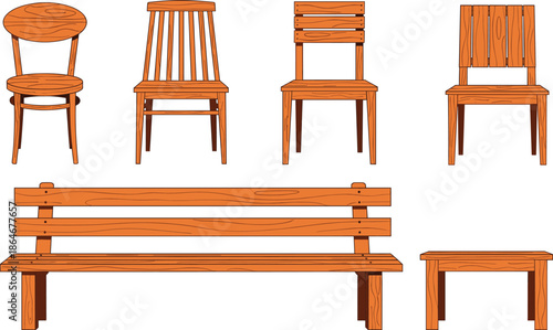 Wooden furniture vector set with chairs bench and table rustic hand drawn home interior illustrations isolated
