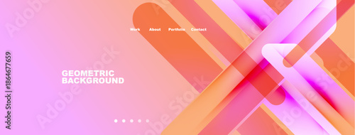 Abstract geometric background. Pink, orange hues dominate design. Navigation links present. Minimalist aesthetic, modern style.