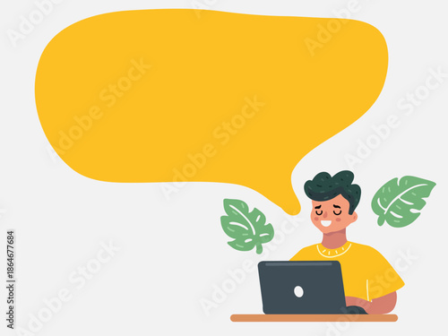 Happy young man using a laptop with a large speech bubble above him, symbolizing communication or ideas