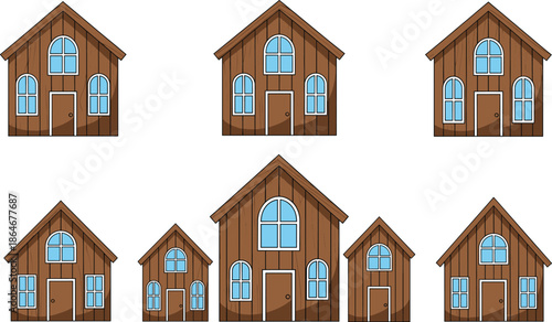 Wooden house vector set with cozy cottage buildings and blue windows cute home illustrations isolated on white