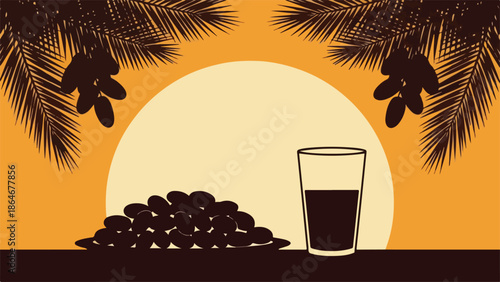 A glass of juice beside a pile of olives against an orange background with pine branches