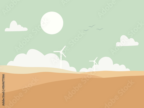 Serene landscape with rolling hills and wind turbines against a soft blue sky with fluffy clouds and a bright sun