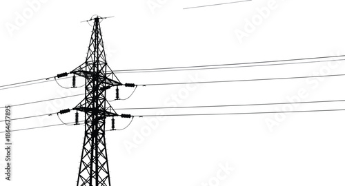 High voltage transmission tower, power lines silhouette, sunset to sunrise sky gradient