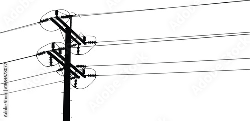 Silhouette utility pole, multiple power lines with insulators, minimalist electrical transmission scene