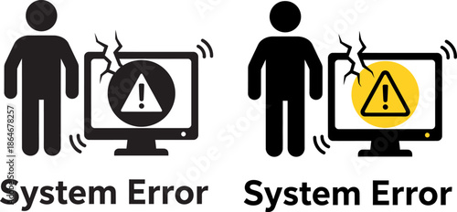 System error icons on computer screens with warning signs