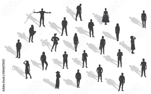 Diverse Group of Silhouetted People Standing Together with Long Shadows 1.