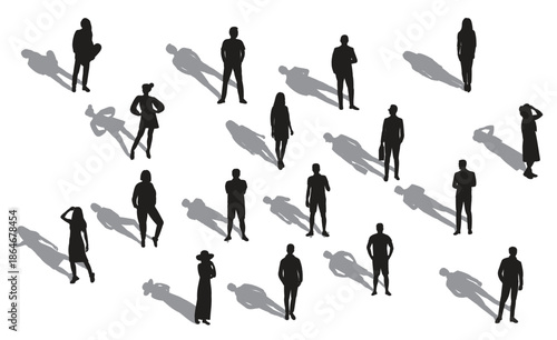 Diverse Group of Silhouetted People Standing Together with Long Shadows.