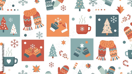 Vibrant Seamless Pattern of Cozy Winter and Holiday Elements in a Flat Design Style for Festive Backgrounds and Seasonal Decorations