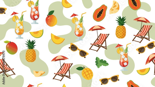 Vibrant Tropical Summer Pattern: An illustration of exotic fruits, refreshing drinks, beach chairs, and sunglasses for vacation.