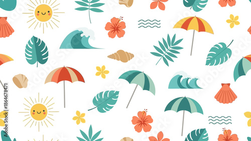Vibrant seamless pattern with charming cartoon summer and beach elements, perfect for tropical holiday backgrounds and delightful designs