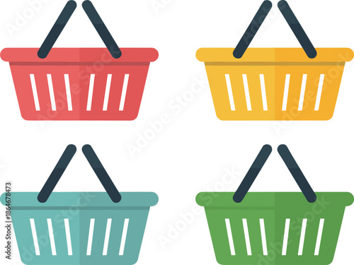 Set of colorful plastic shopping baskets in red yellow blue and green for retail grocery store and e-commerce marketing concepts
