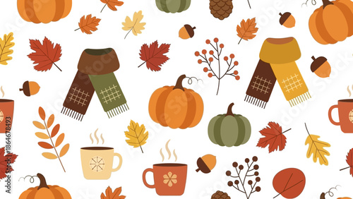 Delightful Autumn Season Seamless Pattern Illustration Featuring Cozy Scarves, Pumpkins, Colorful Leaves, and Hot Beverages
