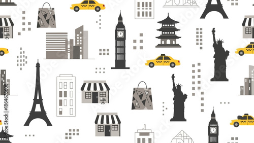 Seamless pattern illustration of iconic global landmarks, urban architecture, transport, and shops, depicting diverse international travel.