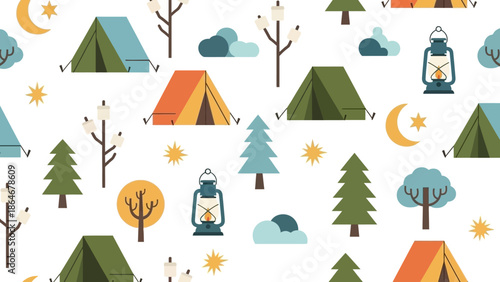 Outdoor Camping Adventure Seamless Pattern with Tents, Pine Trees, Lanterns, and Night Sky Elements in a Flat Illustration Style