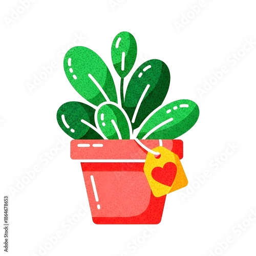 Valentine icon showing a potted plant with heart tag. Symbol of growing love, care, affection, and meaningful romantic gifts.