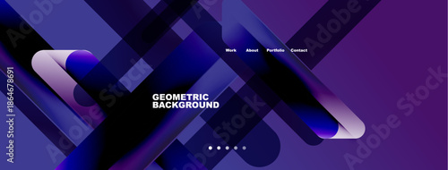 Abstract geometric design. Purple, blue hues dominate. Navigation links present work, about, portfolio, contact. Modern aesthetic.