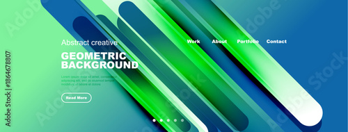 Abstract geometric background design. Blue, green gradients create dynamic visual flow. Text elements present portfolio information.