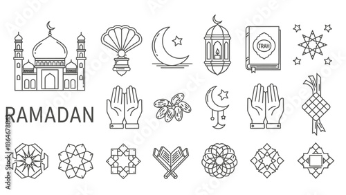 Ramadan line icons set — Islamic holy month symbols, mosque, lantern, crescent moon, Quran