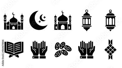 Ramadan solid icons collection — mosque, crescent moon, lantern, Quran, prayer hands, dates, Islamic symbols