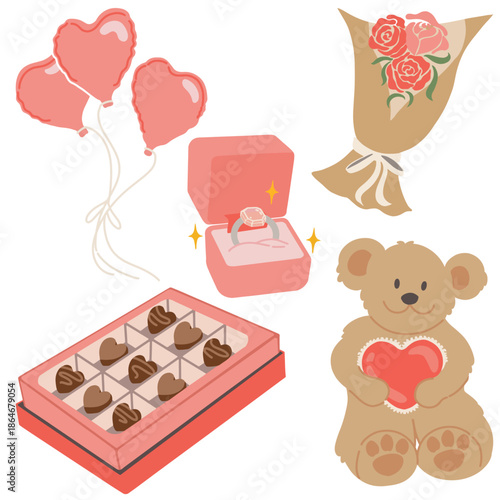 Valentine Clipart Set with Love Balloons, Ring Box, Rose Bouquet, Chocolate Box and Teddy Bear – Flat Vector Illustration