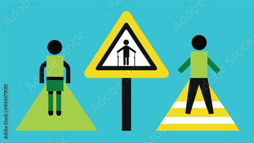 Pedestrian crossing warning sign with two people on separate paths
