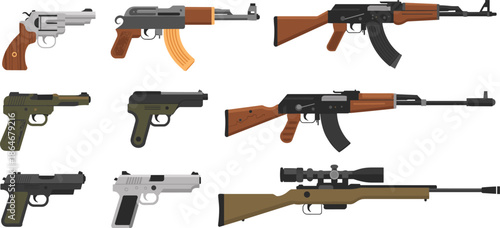 Set of various military firearms including automatic assault rifles handguns pistols and sniper rifles with optical scopes on white background