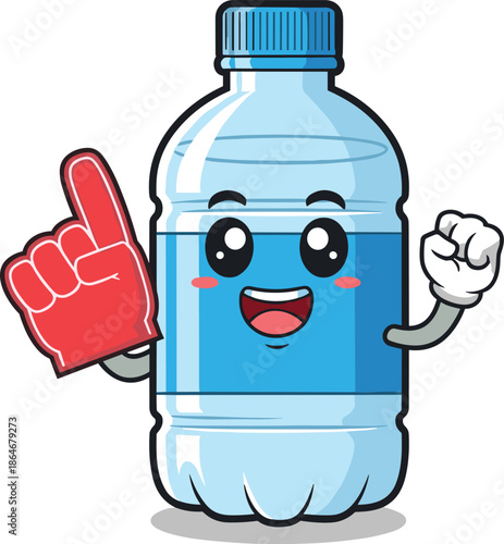 Smiling water bottle cartoon, foam finger celebration, hydration mascot, cheerful plastic character, blue bottle pose - flat vector illustration