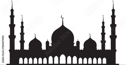 Black silhouette of mosque with domes and minarets