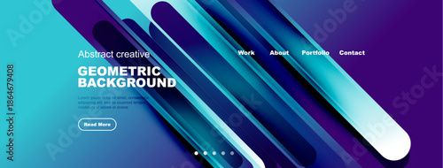 Abstract geometric design features vibrant blue, purple gradients. Text promotes work, portfolio, contact options. Button invites further exploration.