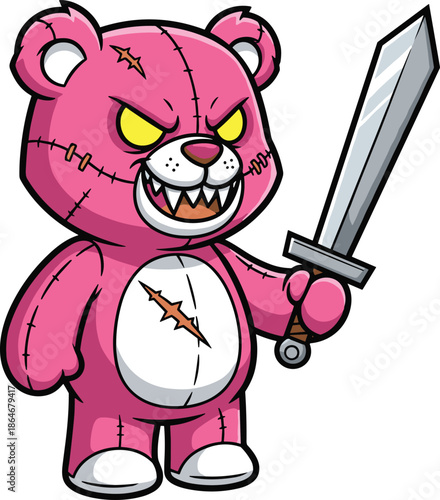 Aggressive pink teddy bear cartoon, sword-wielding plush, fierce toy character, stitched scars, battle-ready mascot - flat vector illustration