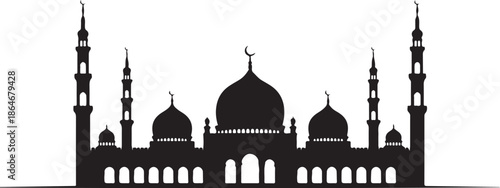 Black silhouette of mosque with domes and minarets