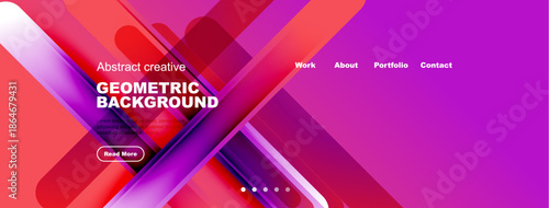 Abstract geometric background features vibrant purple, pink hues. Text includes geometric background, navigation options, call to action.