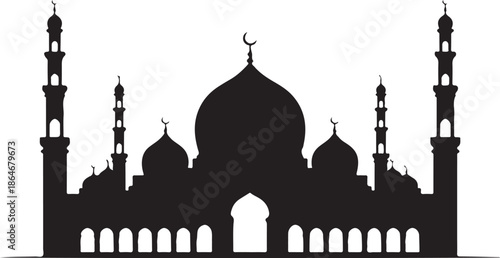 Black silhouette of mosque with domes and minarets