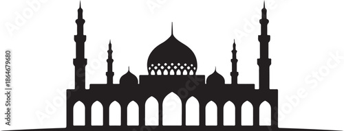 Black silhouette of mosque with domes and minarets