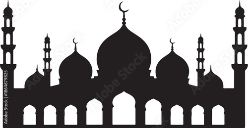 Black silhouette of mosque with domes and minarets