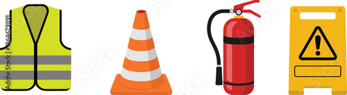 Workplace safety equipment set with high visibility vest traffic cone fire extinguisher and yellow wet floor caution sign on white background