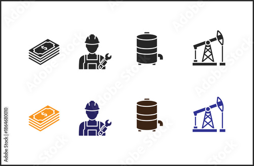 A set of industrial icons including oil rigs, workers, barrels, and money.