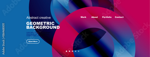 Abstract website header design. Vibrant colors, geometric shapes, navigation menu present. Modern aesthetic, clean layout.