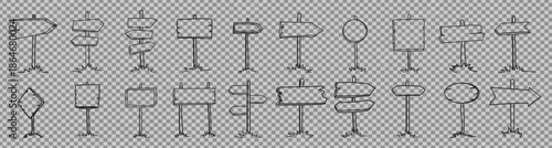 Hand-drawn doodle road sign set featuring wooden signposts, street direction arrows, and blank arrow boards in sketch style.