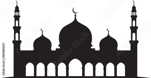 Black silhouette of mosque with domes and minarets