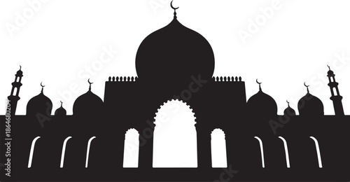 Black silhouette of mosque with domes and minarets