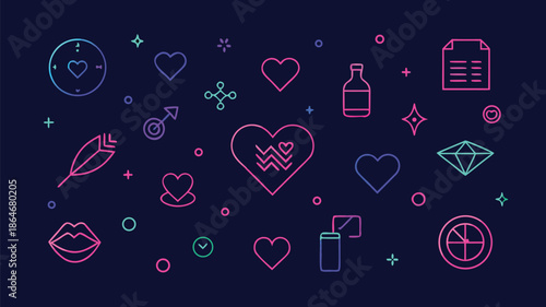 Neon valentine s day icons and symbols on dark background with hearts love and relationships elements