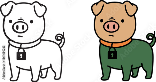 Cute cartoon pigs with padlocks on collars in green and black and white