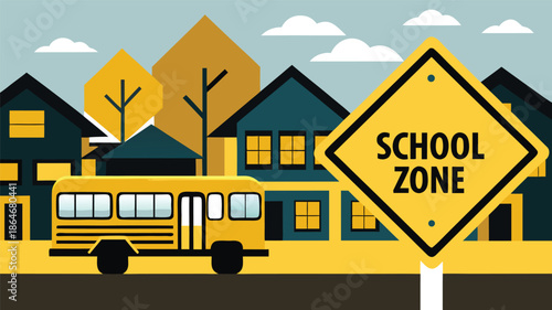 Yellow school bus driving past school zone sign in residential neighborhood with houses and trees