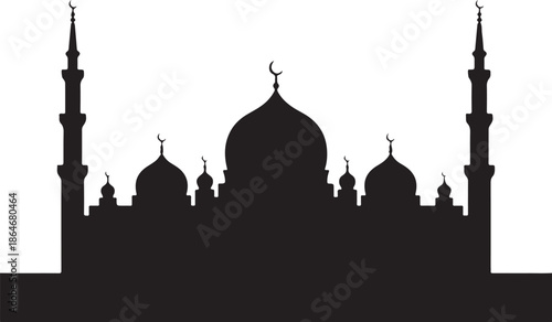 Black silhouette of mosque with domes and minarets